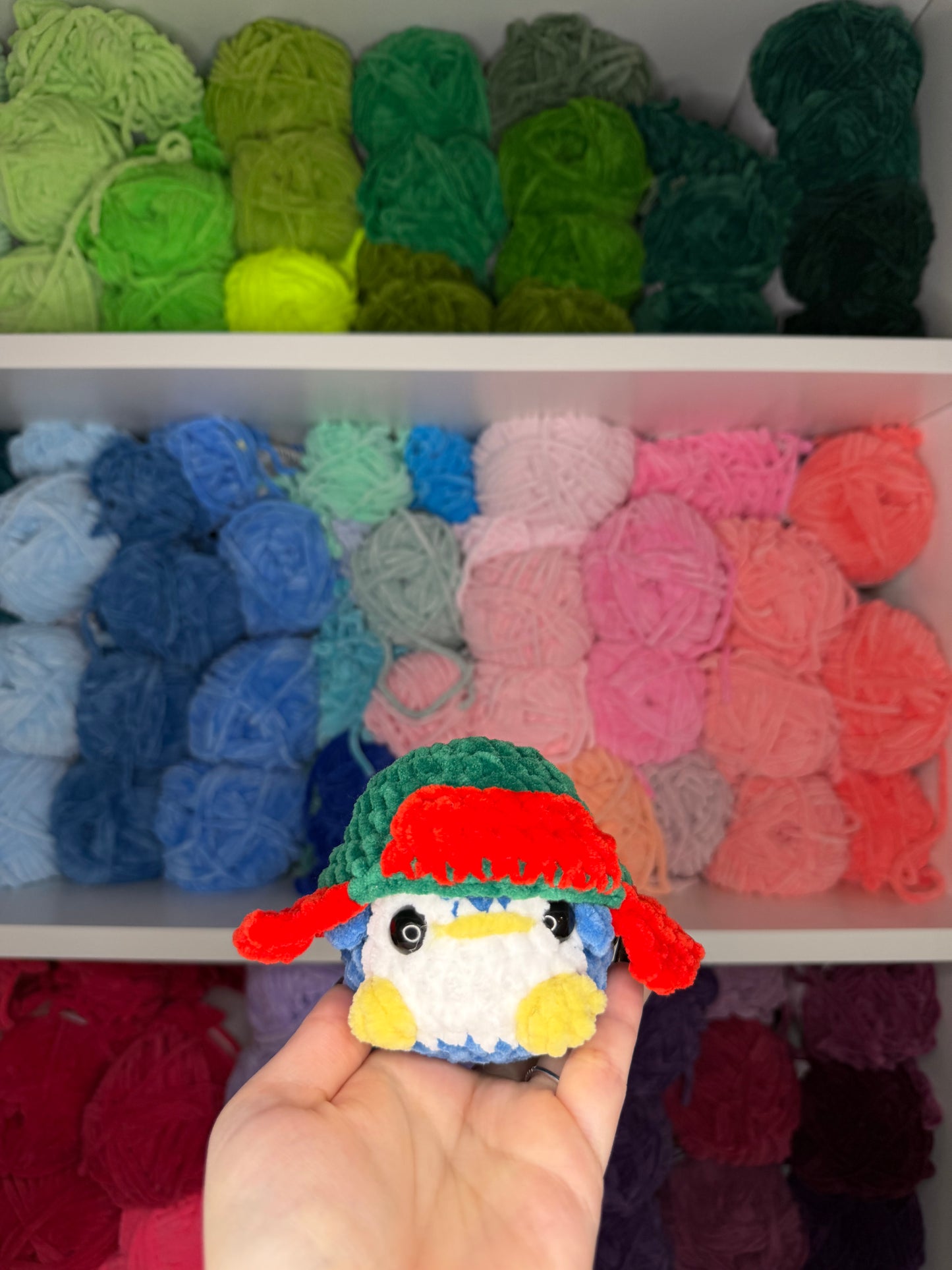 Crochet Mini Penguin with Red + Green Hats Keychains