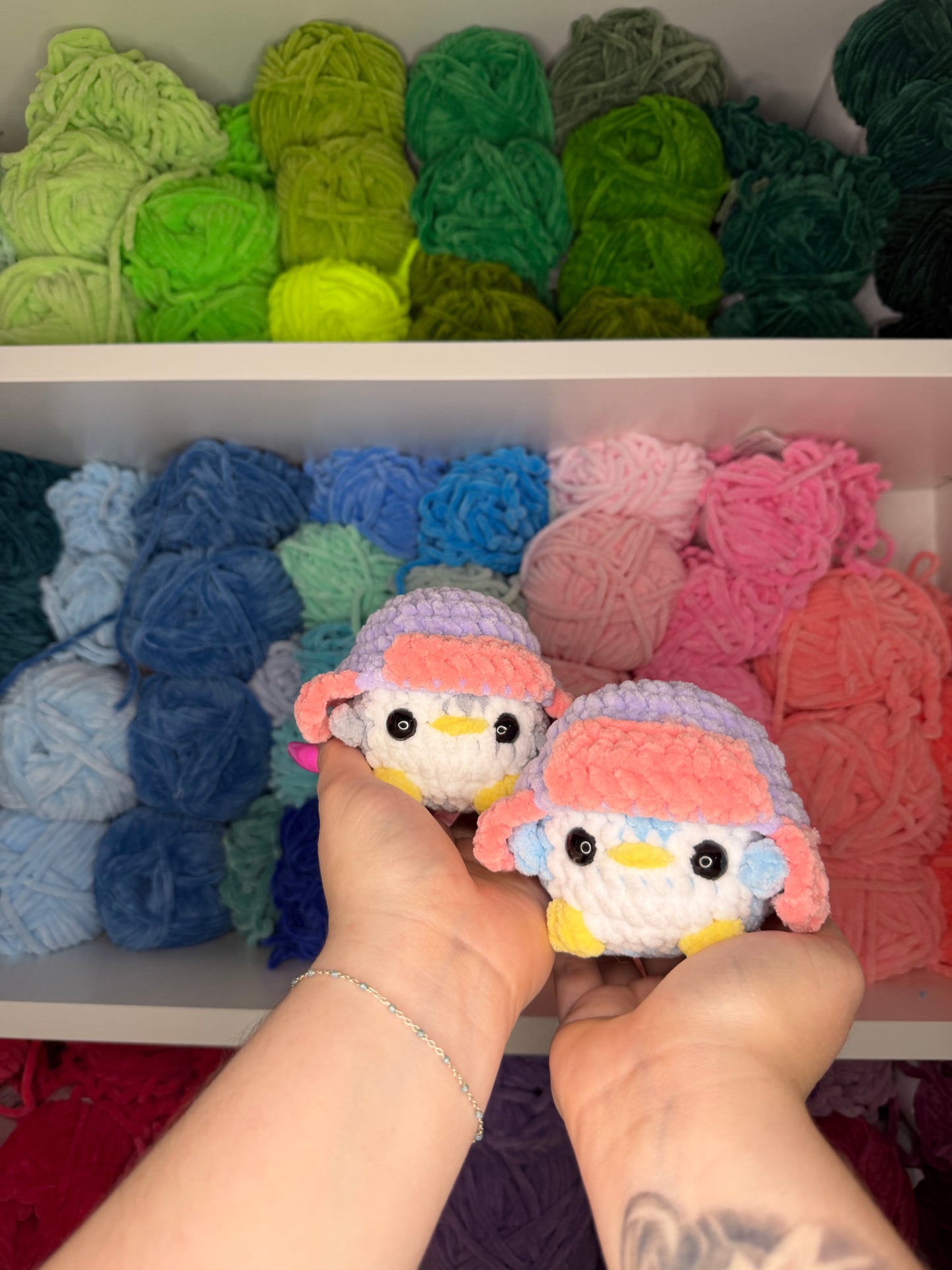 Crochet Mini Penguin with Pink + Purple Hats Keychains