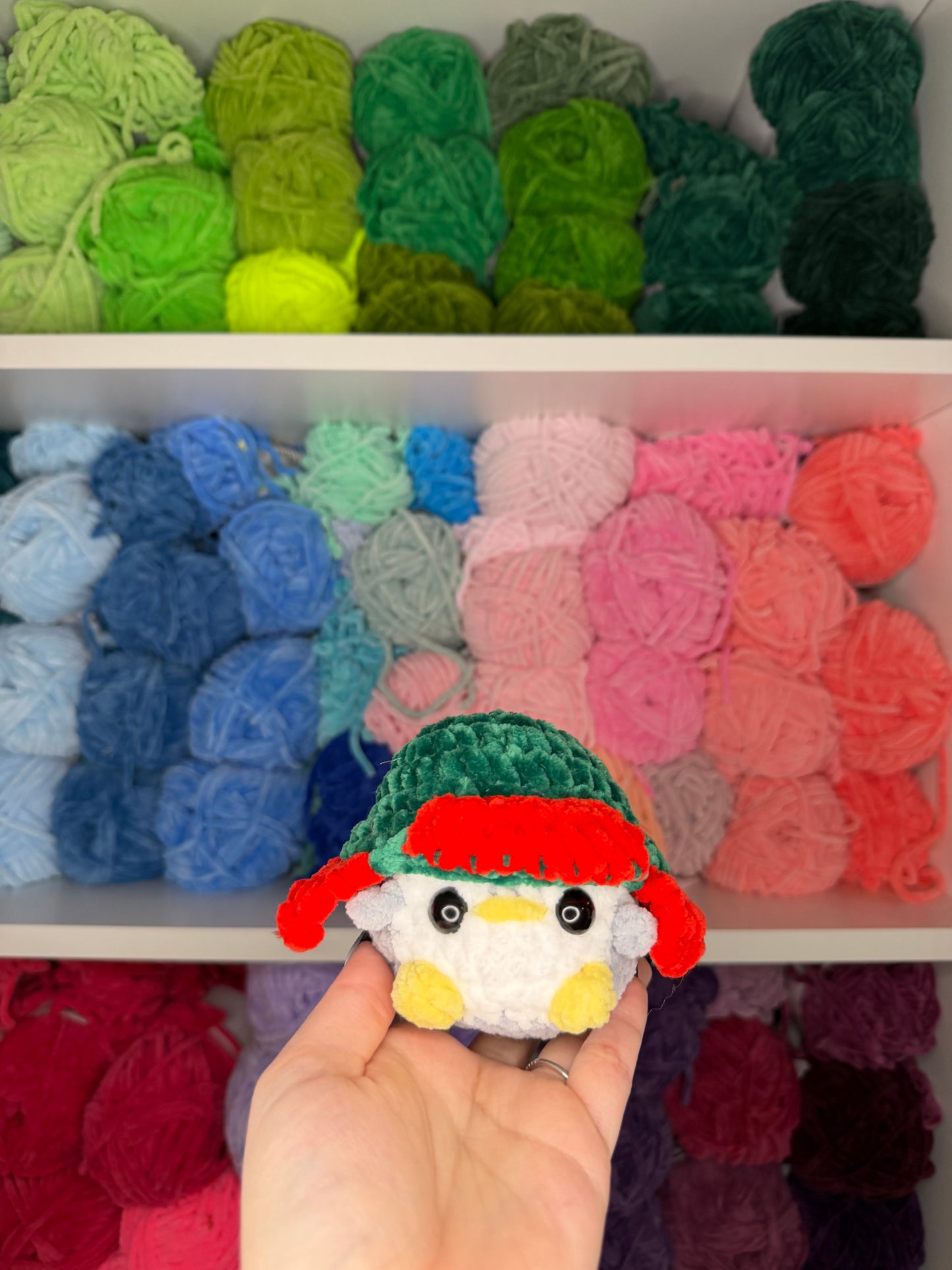 Crochet Mini Penguin with Red + Green Hats Keychains