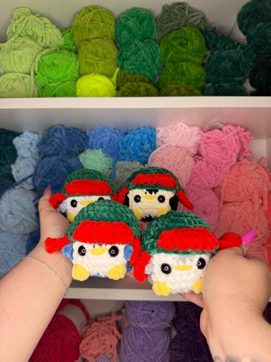Crochet Mini Penguin with Red + Green Hats Keychains