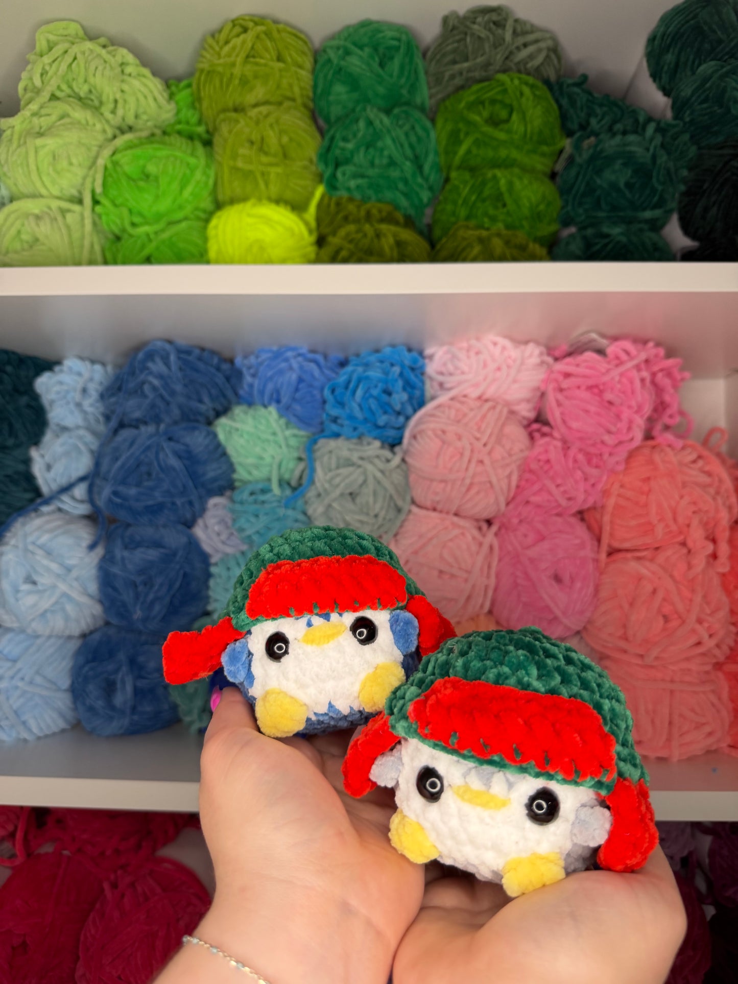 Crochet Mini Penguin with Red + Green Hats Keychains