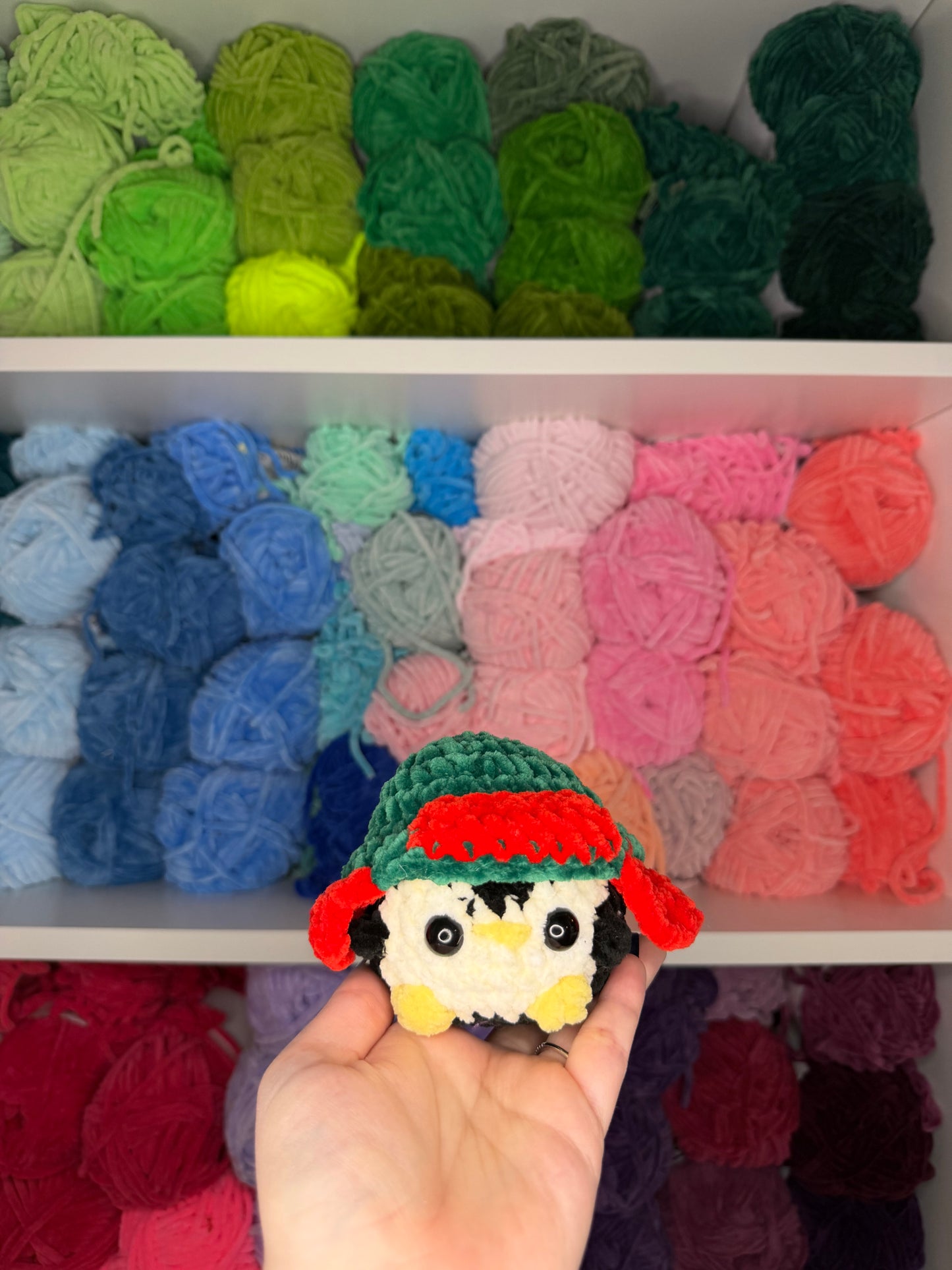 Crochet Mini Penguin with Red + Green Hats Keychains