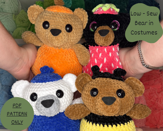 Low - Sew Bear in Costumes PDF PATTERN | Beginner Friendly Crochet Pattern | Bear in Bee, Pumpkin, Blueberry and Strawberry Costumes