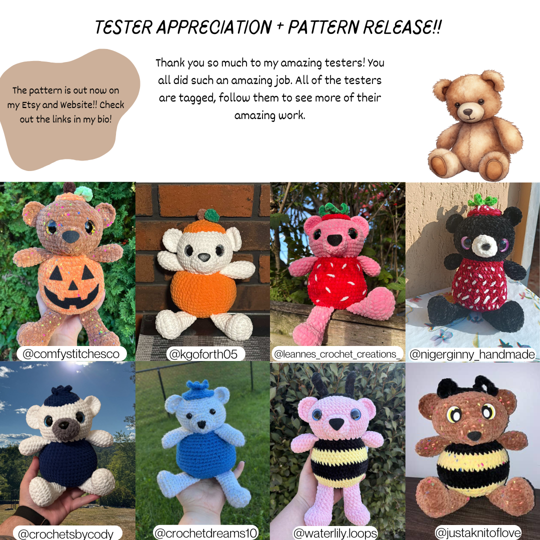 Low - Sew Bear in Costumes PDF PATTERN | Beginner Friendly Crochet Pattern | Bear in Bee, Pumpkin, Blueberry and Strawberry Costumes