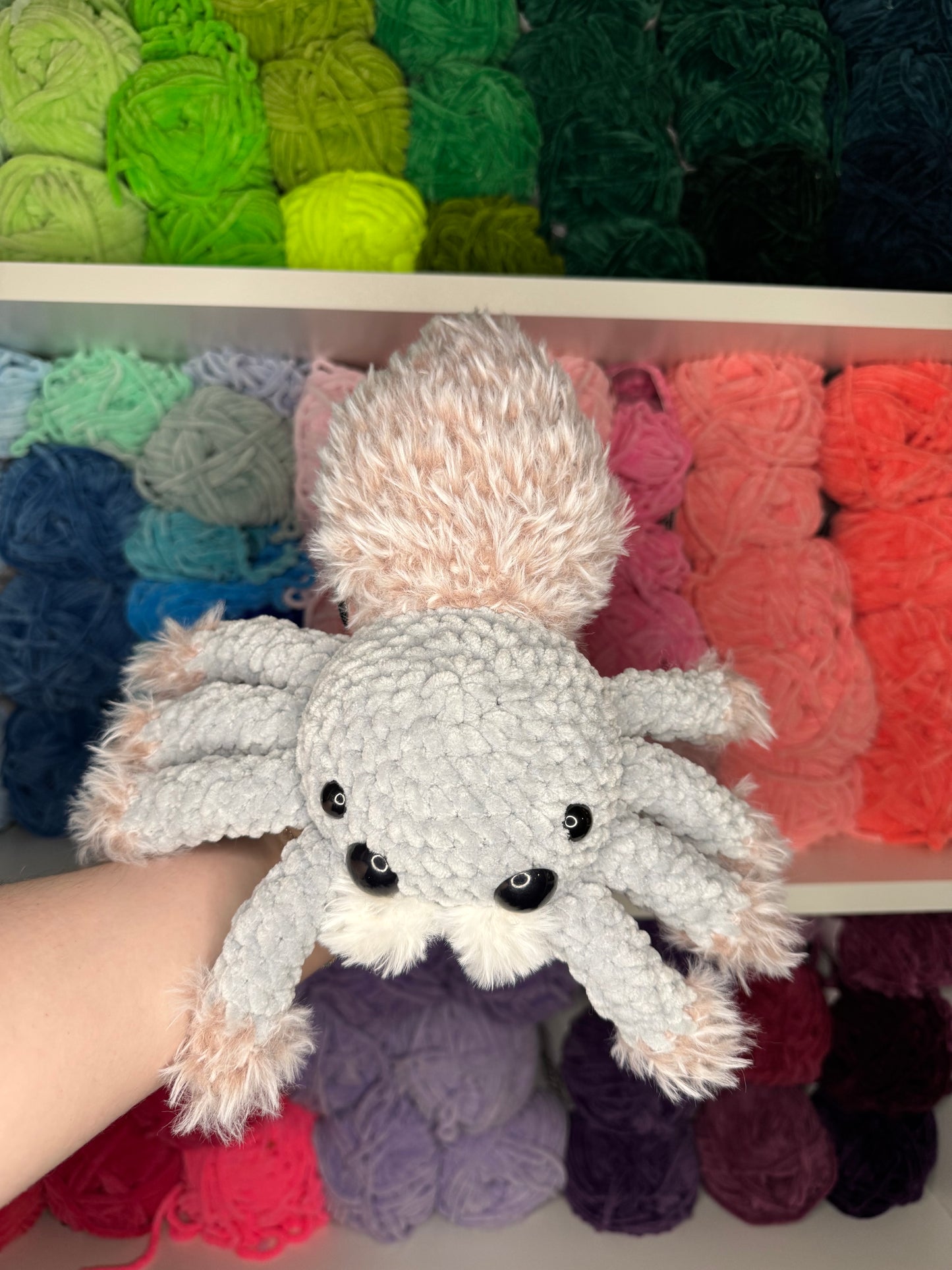 Crochet Fuzzy Pink and Grey Spider